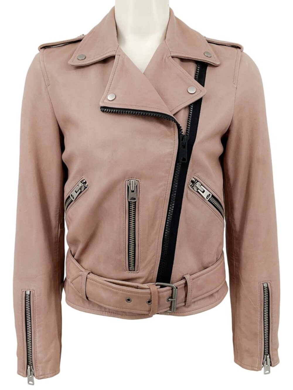 All Saints Blush Pink Leather Wyatt Zip Biker Jacket